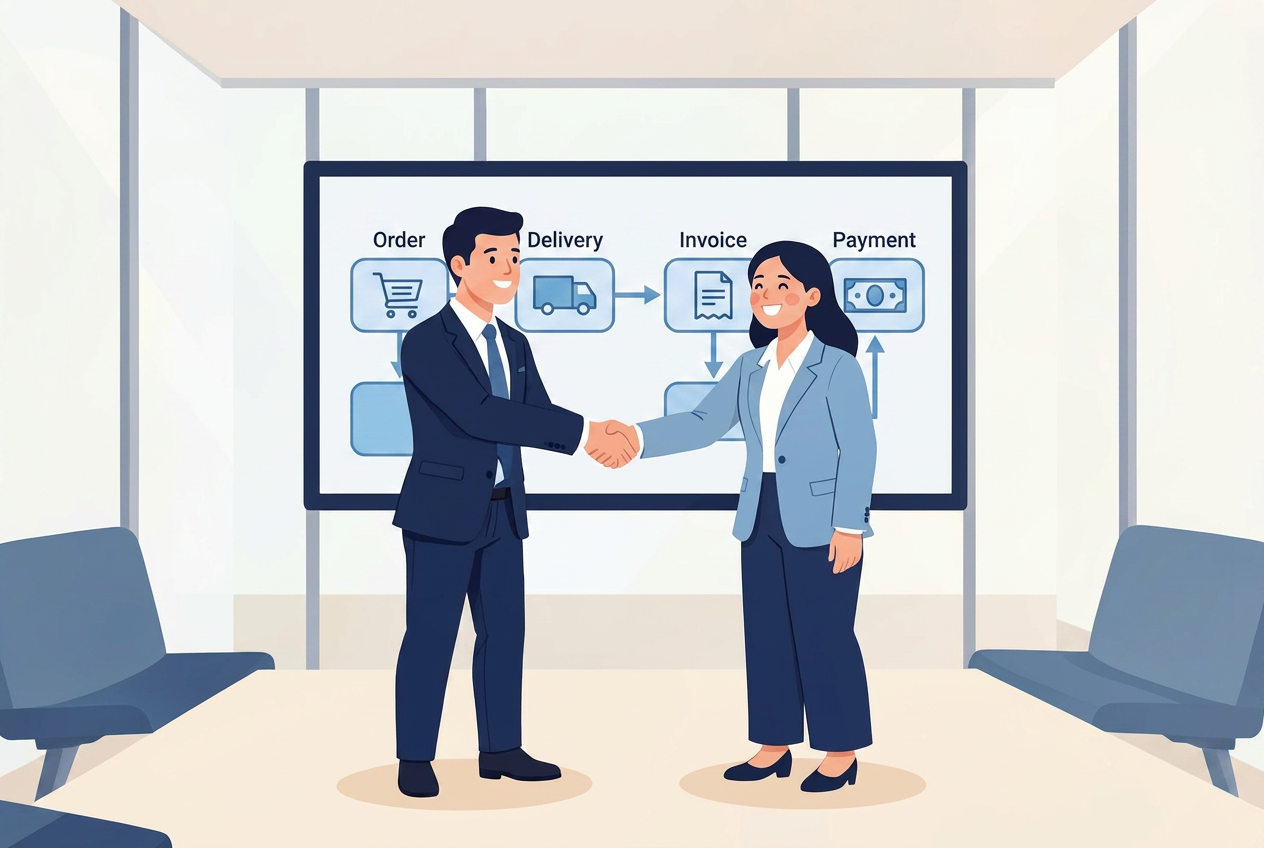 Consultant shaking hands with a happy client after a successful SAP SD project delivery